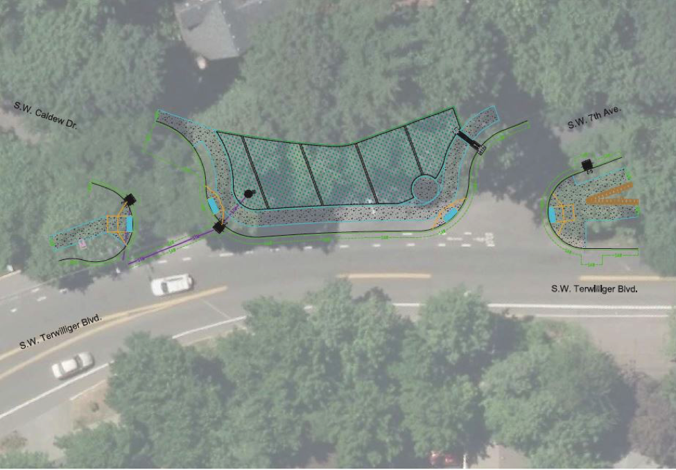 Figure 1: Neighborhood Greenway Project at SW Terwilliger Blvd. at SW Caldew Dr. & SW 7th Avenue (image from PBOT